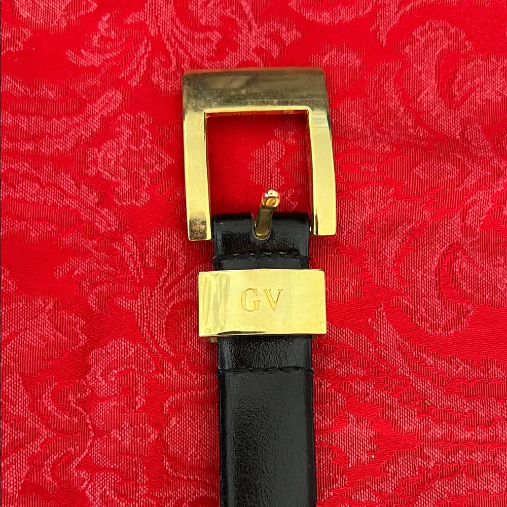 Vintage Gloria Vanderbilt Black Leather Belt Gold Buckle GV Logo Size L 36”